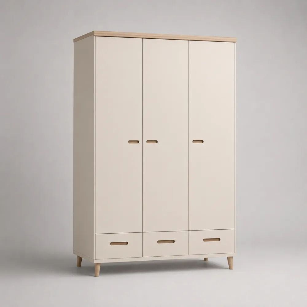 Armoire 3 portes et 3 tiroirs en panneaux de particules mélaminés et hévéa massif, blanc cassé et bois clair, 120 × 50 × 190 cm