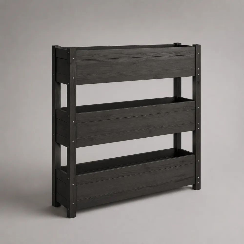 Jardinière surélevée rectangulaire en bois noir à 3 niveaux, 100 × 30 × 100 cm