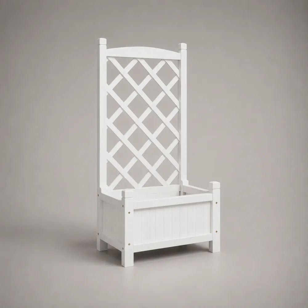 Bac à fleurs rectangulaire avec treillis en bois massif blanc, 64 × 28 × 140 cm