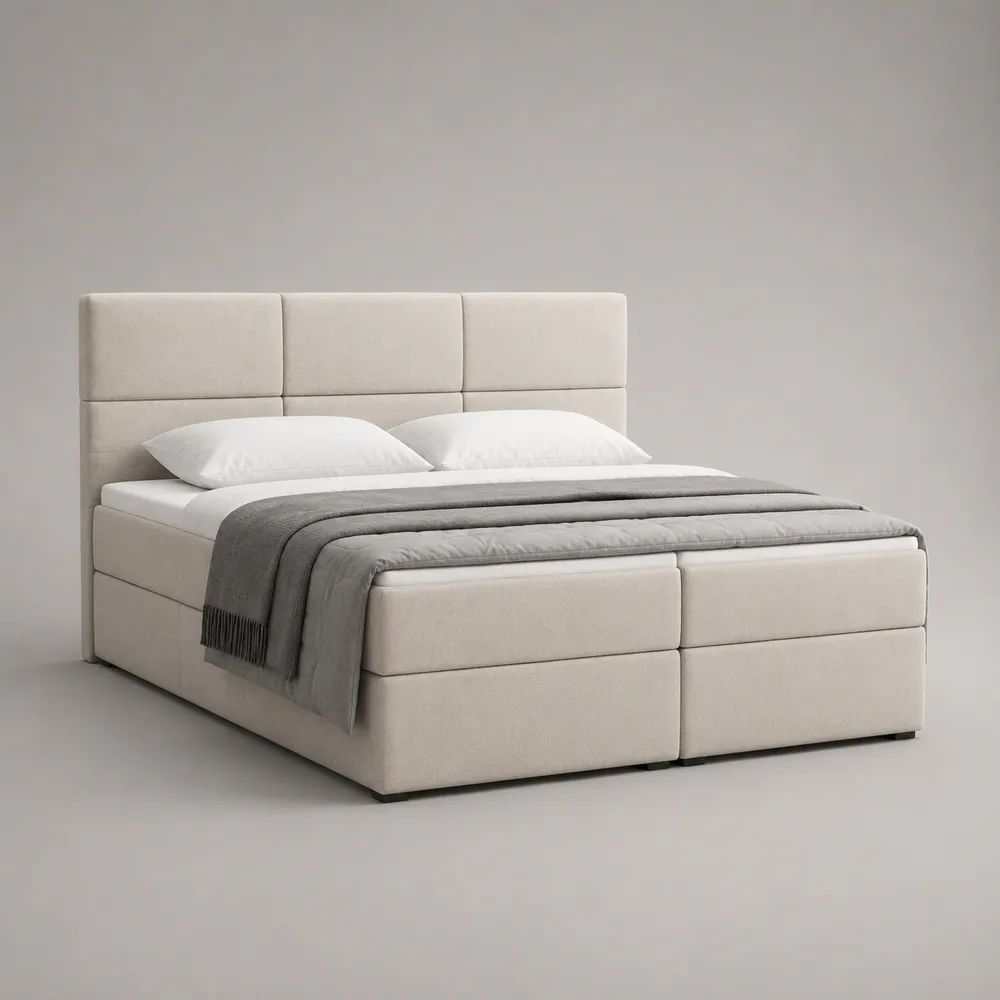 Lit boxspring 2 places en tissu écru avec matelas et tête de lit, couchage 160 x 200 cm, dimensions 180 x 215 x 120 cm