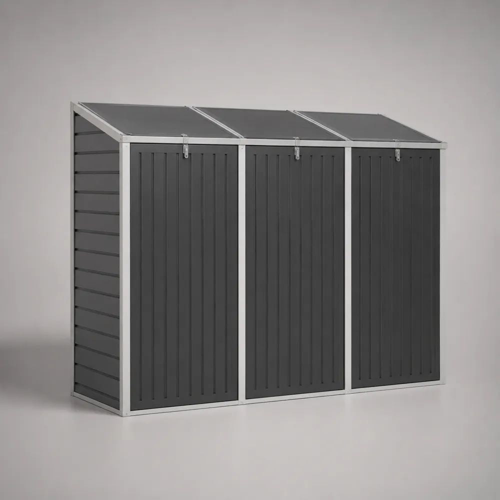 Abri cache-poubelles triple rectangulaire en acier galvanisé anthracite et argent, 207 × 77,5 × 115 cm