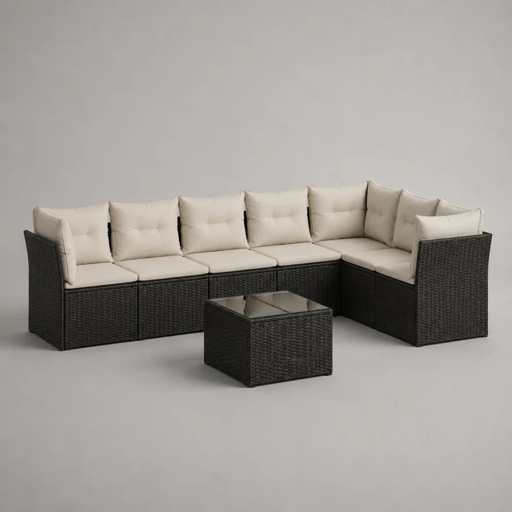 Salon de jardin d’angle 7 pièces, 6 places, en résine tressée PE noire avec coussins crème et table, 250 x 190 x 65 cm