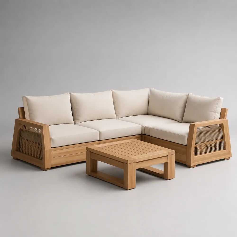 Salon de jardin d’angle 4 places en bois avec coussins beiges et table basse, 220 × 220 × 75 cm