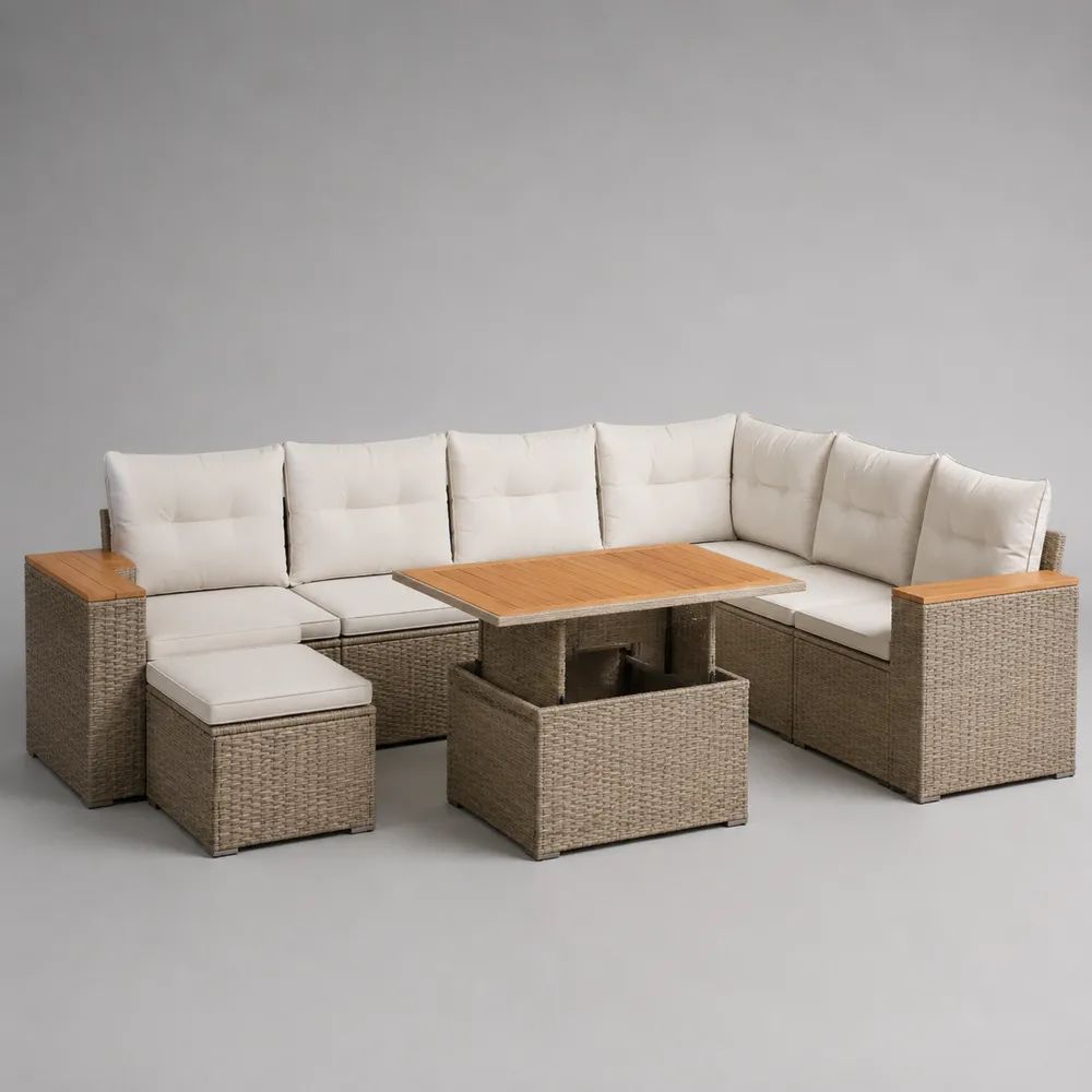 Salon de jardin d’angle extérieur 7 places avec table réglable et pouf en résine tressée PE beige taupe et bois d’acacia, coussins écrus, 246 × 190 × 83 cm