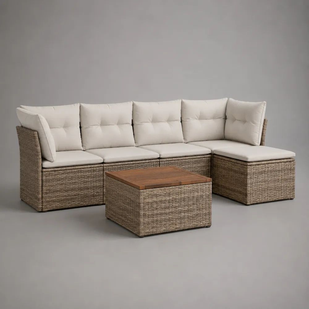 Salon de jardin d’angle 5 places, ensemble 6 pièces en résine tressée beige avec coussins écrus, canapé 260 × 140 × 73 cm et table 70 × 70 × 38 cm