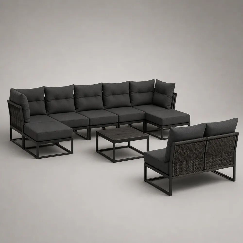 Salon de jardin modulable en U 8 places en acier et résine tressée avec coussins anthracite, 360 × 150 × 76 cm, table 70 × 70 × 35 cm