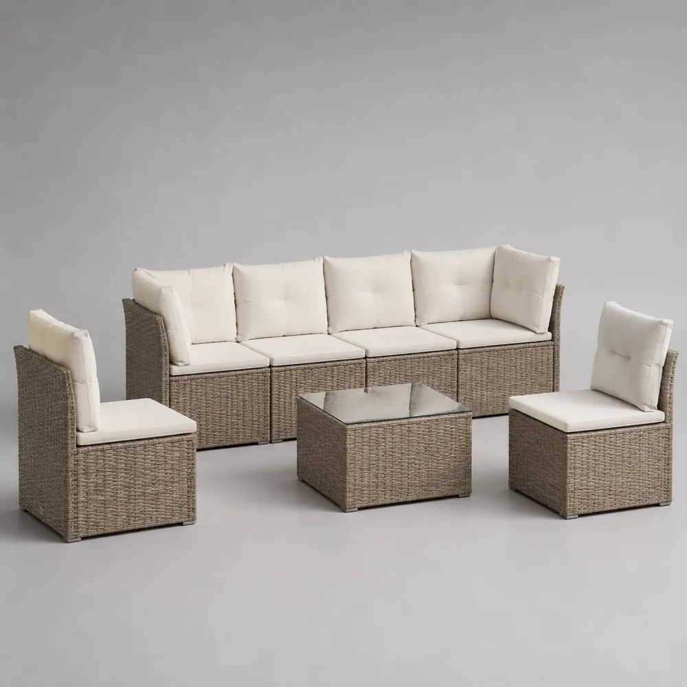 Salon de jardin extérieur 6 places en résine tressée taupe avec coussins blanc cassé, canapé 244 x 67 x 76 cm, 2 fauteuils 61 x 67 x 76 cm et table 65 x 65 x 37 cm