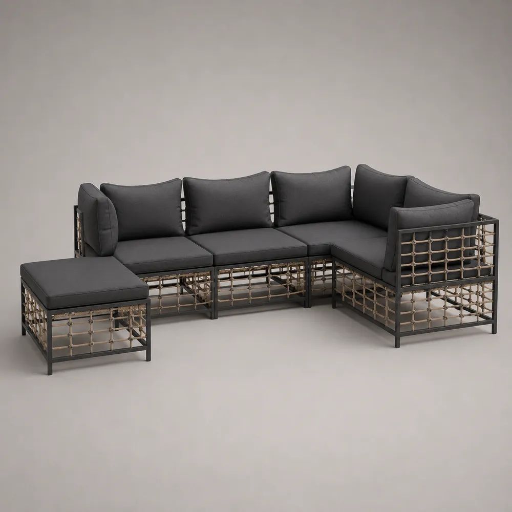Ensemble canapé de jardin d’angle modulable 4 places avec pouf en acier et corde PP, anthracite/taupe, 268 × 145 × 76 cm