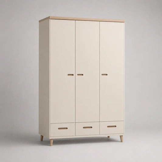 Armoire 3 portes et 3 tiroirs en panneaux de particules mélaminés et hévéa massif, blanc cassé et bois clair, 120 × 50 × 190 cm