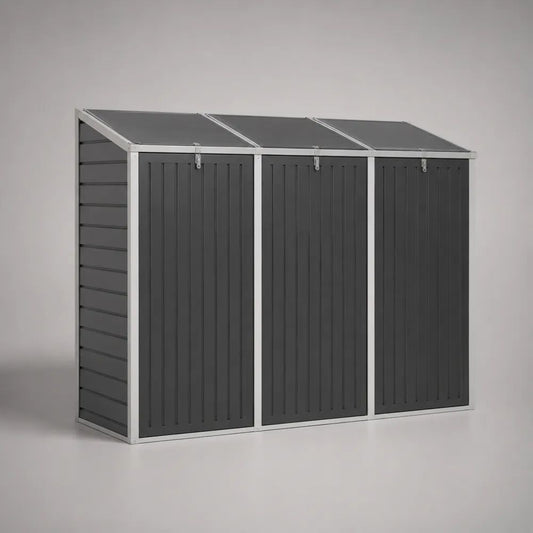 Abri cache-poubelles triple rectangulaire en acier galvanisé anthracite et argent, 207 × 77,5 × 115 cm