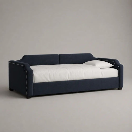 Lit banquette 1 place en tissu bleu marine, couchage 90 x 200 cm, dimensions 220 x 105 x 90 cm