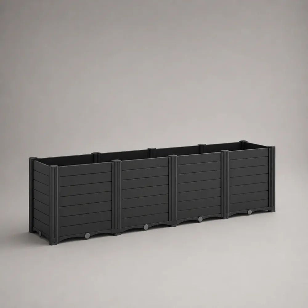 Bac potager surélevé rectangulaire en polypropylène, 4 compartiments, anthracite et gris, 160 × 40 × 45 cm