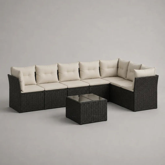 Salon de jardin d’angle 7 pièces, 6 places, en résine tressée PE noire avec coussins crème et table, 250 x 190 x 65 cm