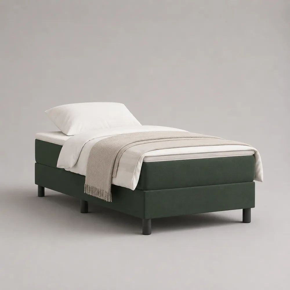 Lit tapissier 1 place 90 × 200 cm avec matelas à ressorts ensachés, tissu vert foncé et blanc
