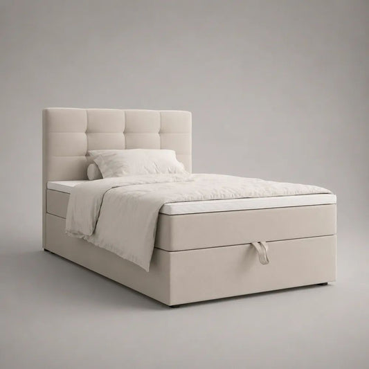 Ensemble lit coffre 120 × 200 cm avec matelas à ressorts, sommier relevable et tête de lit capitonnée en tissu beige