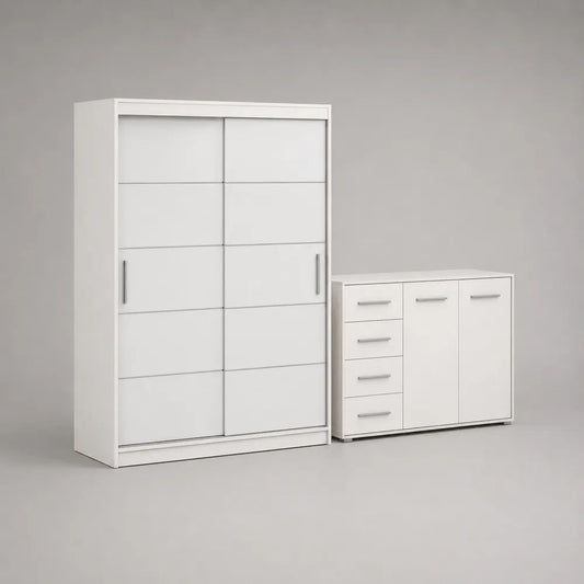 Ensemble de rangement 2 pièces en panneaux de particules mélaminés blanc mat – armoire coulissante 120 × 60 × 200 cm et buffet 120 × 40 × 85 cm