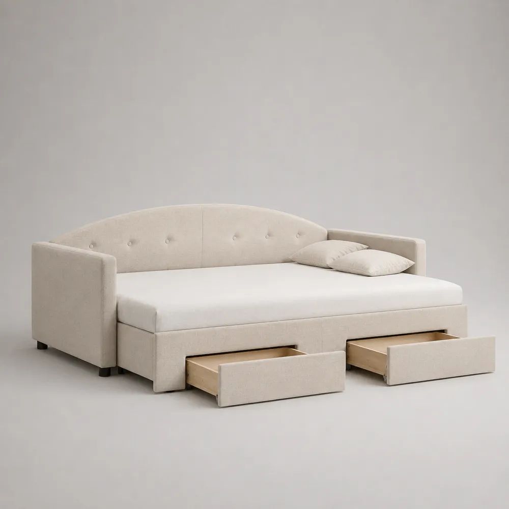 Banquette-lit en tissu beige 212 x 102 x 92 cm pour matelas 90 x 200 cm avec dossier capitonné et 2 tiroirs