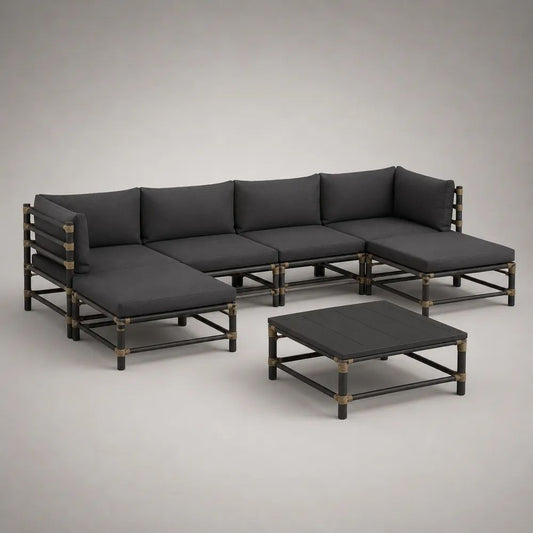 Salon de jardin modulable 5 pièces en acier et tissu gris anthracite/noir/beige, 300 x 220 x 75 cm