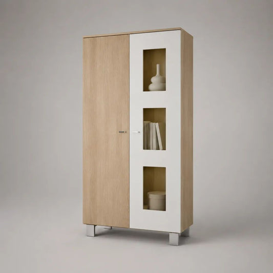 Armoire vitrine 2 portes en panneaux de particules mélaminés et verre trempé, chêne clair et blanc, 80 × 40 × 180 cm