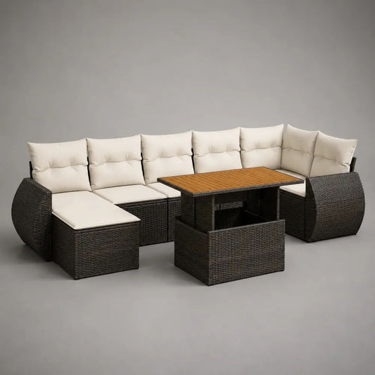 Salon de jardin extérieur modulaire 10 pièces en résine tressée marron avec coussins crème et table en acacia 110 × 70 × 65 cm