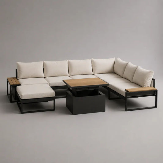 Ensemble salon de jardin d’angle 7 places en acier et composite bois-plastique avec table basse et pouf, beige, noir et brun, 310 x 230 x 76 cm
