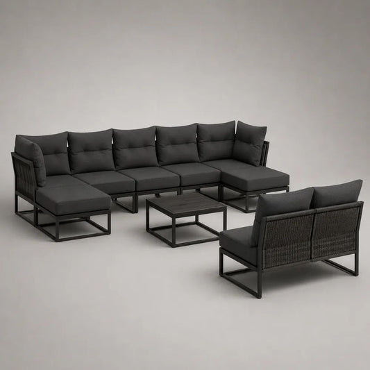 Salon de jardin modulable en U 8 places en acier et résine tressée avec coussins anthracite, 360 × 150 × 76 cm, table 70 × 70 × 35 cm