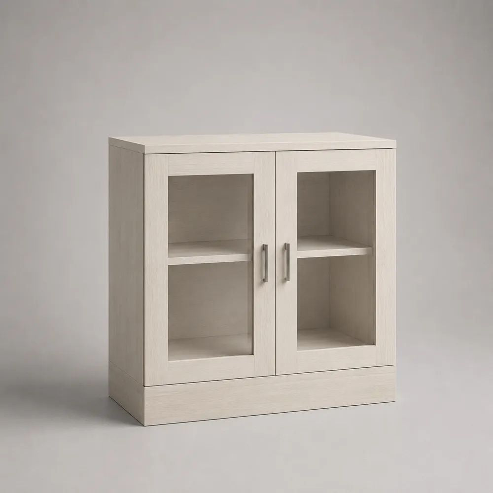 Meuble vitrine bas rectangulaire en bois à 2 portes vitrées, blanc cassé, 80 × 35 × 90 cm