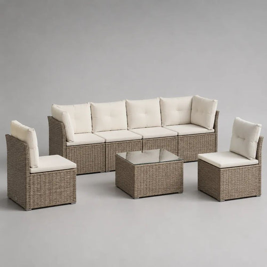 Salon de jardin extérieur 6 places en résine tressée taupe avec coussins blanc cassé, canapé 244 x 67 x 76 cm, 2 fauteuils 61 x 67 x 76 cm et table 65 x 65 x 37 cm