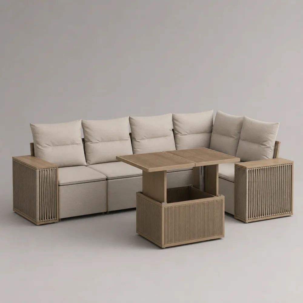 Salon de jardin d’angle 6 places avec table relevable en aluminium, corde PE et tissu, beige clair et taupe, 265 × 198 × 84 cm