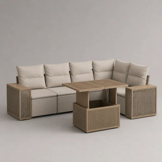 Salon de jardin d’angle 6 places avec table relevable en aluminium, corde PE et tissu, beige clair et taupe, 265 × 198 × 84 cm