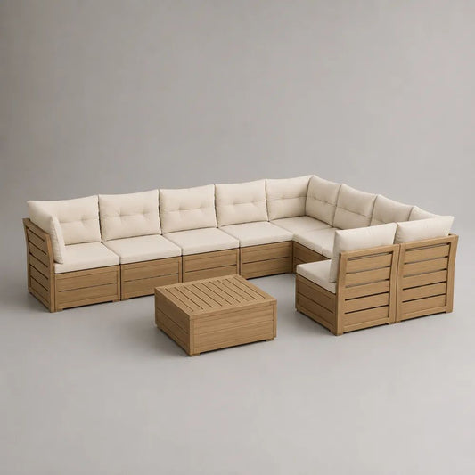Salon de jardin d’angle modulable 7 pièces en bois, 6 places, coussins beiges, table 70 × 70 × 35 cm, dimensions totales 304 × 228 × 70 cm
