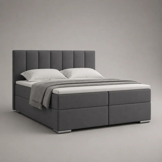 Lit continental 2 places en tissu avec matelas à ressorts ensachés, surmatelas et tête de lit rembourrée, gris anthracite, 180 × 200 cm