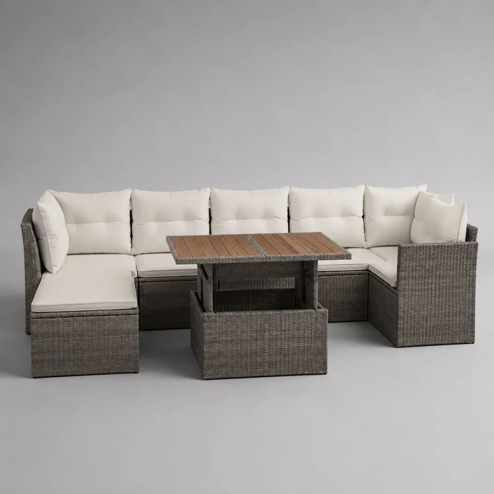 Ensemble salon de jardin d’angle modulable en résine tressée gris taupe avec table relevable 120 x 70 x 48-68 cm, canapé 262 x 202 x 73 cm et pouf 68 x 68 x 35 cm