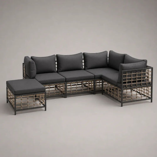 Ensemble canapé de jardin d’angle modulable 4 places avec pouf en acier et corde PP, anthracite/taupe, 268 × 145 × 76 cm