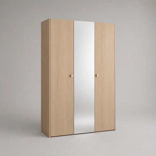 Armoire en bois 3 portes avec miroir, chêne clair, 120 × 50 × 180 cm
