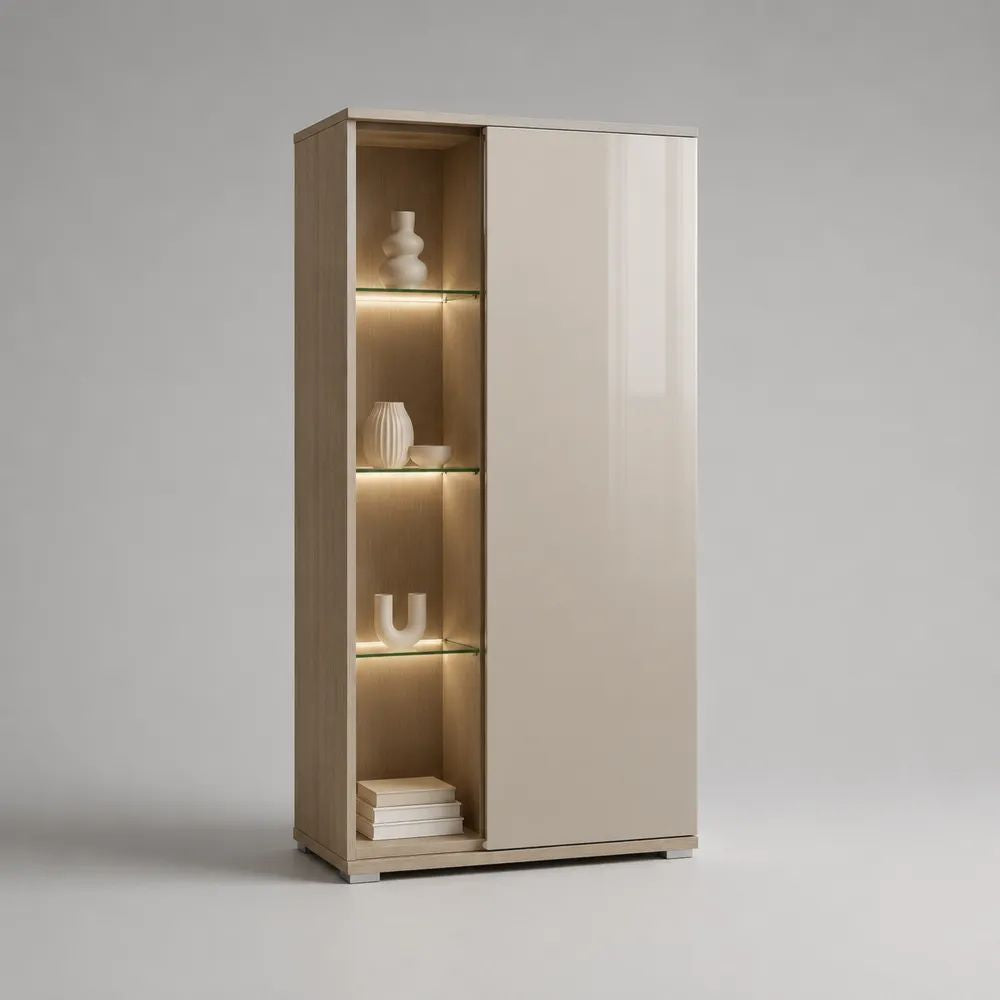 Vitrine de salon à porte coulissante en panneaux de particules et verre trempé, blanc brillant et chêne clair, 90 × 40 × 200 cm