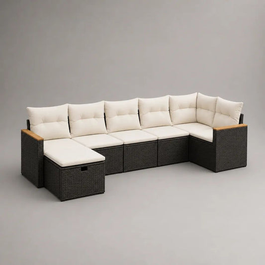 Canapé de jardin modulable en U 6 places en résine tressée et acier anthracite avec coussins beiges, 320 x 132 x 74 cm