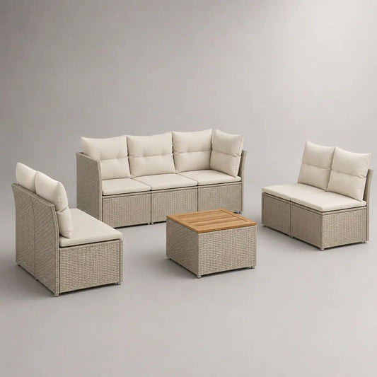 Salon de jardin extérieur 7 places, ensemble 4 pièces en résine tressée et acier, taupe clair avec coussins crème, canapé 183 x 70 x 76 cm, 2 canapés 124 x 70 x 76 cm et table 60 x 60 x 40 cm