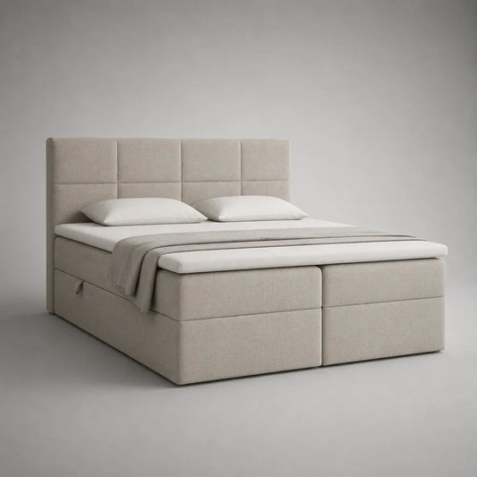 Lit boxspring 2 places en tissu beige avec double coffre, matelas à ressorts ensachés et surmatelas, couchage 160 × 200 cm, dimensions 170 × 210 × 120 cm