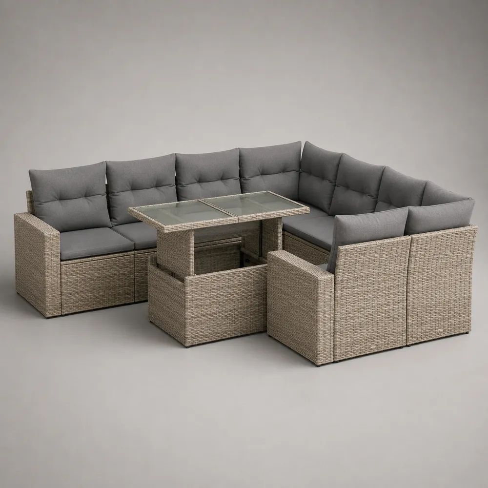 Salon de jardin d’angle en U 8 places en résine tressée grège avec coussins gris anthracite, 260 × 200 × 85 cm, table 120 × 70 × 65 cm