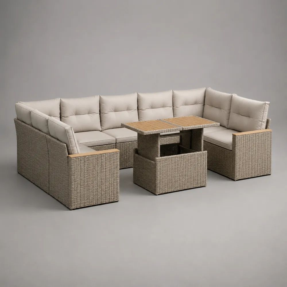 Ensemble salon de jardin extérieur 8 places en résine tressée beige et taupe avec canapé en U, table et pouf, 250 x 190 x 85 cm