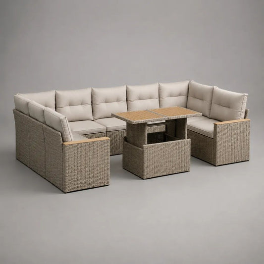 Ensemble salon de jardin extérieur 8 places en résine tressée beige et taupe avec canapé en U, table et pouf, 250 x 190 x 85 cm