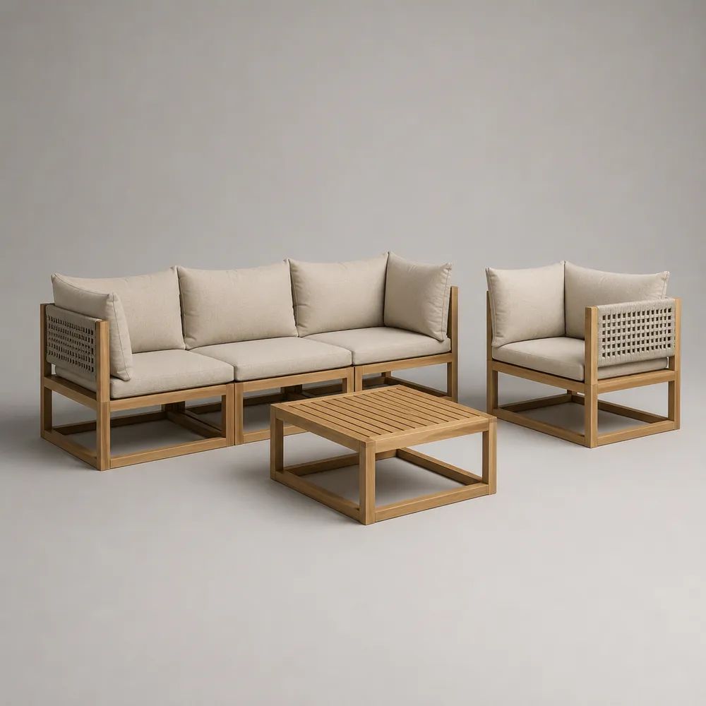 Salon de jardin extérieur 4 places 3 pièces en bois, corde et tissu naturel et beige clair – canapé 210 × 80 × 75 cm, fauteuil 80 × 80 × 75 cm et table 100 × 60 × 38 cm