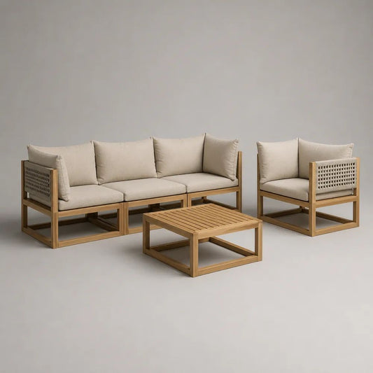 Salon de jardin extérieur 4 places 3 pièces en bois, corde et tissu naturel et beige clair – canapé 210 × 80 × 75 cm, fauteuil 80 × 80 × 75 cm et table 100 × 60 × 38 cm
