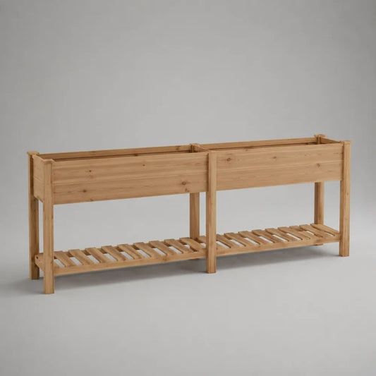 Jardinière surélevée double en bois massif de sapin avec étagère, 180 × 45 × 80 cm, marron naturel