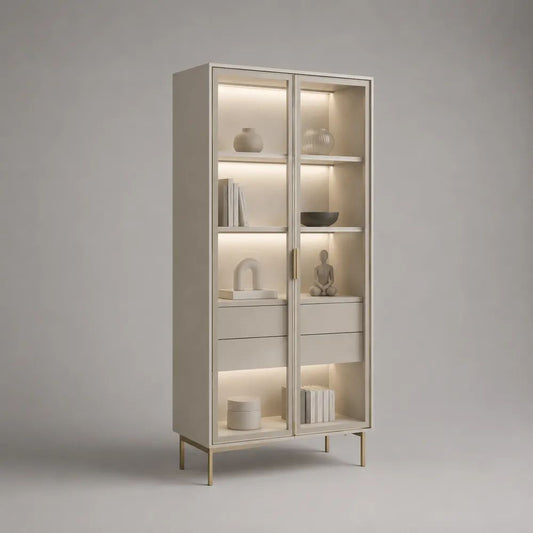 Vitrine rectangulaire à 2 portes vitrées avec éclairage LED en MDF, verre trempé et métal, beige et laiton, 80 × 40 × 185 cm