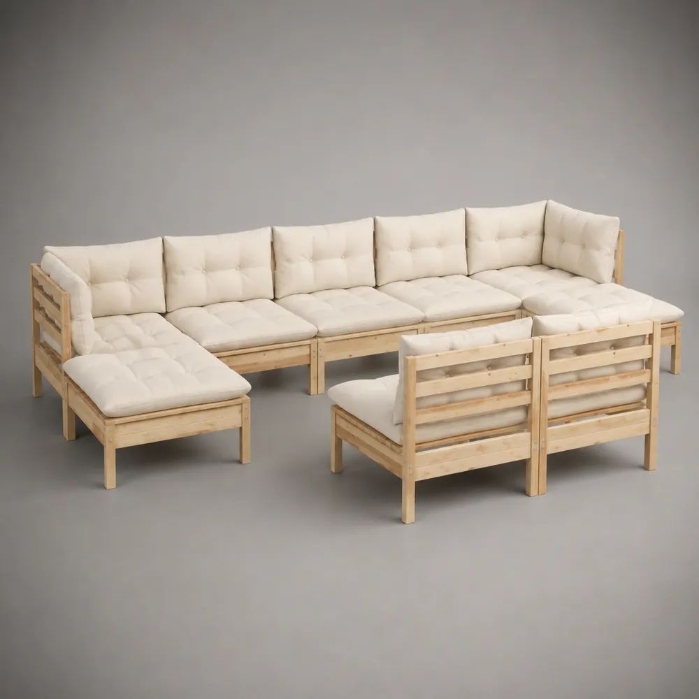 Salon de jardin extérieur modulable en U 9 pièces en pin massif naturel avec coussins en polyester écru, 350 × 140 × 75 cm