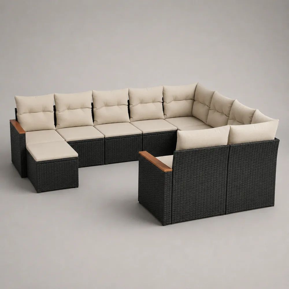 Salon de jardin modulable 8 pièces 8 places en polyéthylène tressé noir avec coussins beiges, forme en U, 350 × 210 × 68 cm
